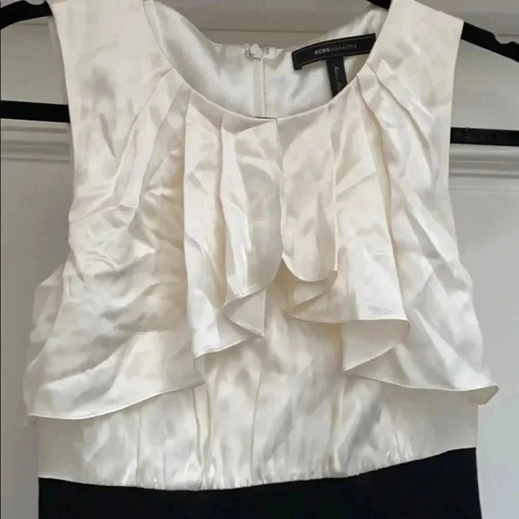 BCBG Maxazria Satin Silk Ivory Ruffle Bust Straight Shift Black Dress Size 0 - Picture 6 of 12